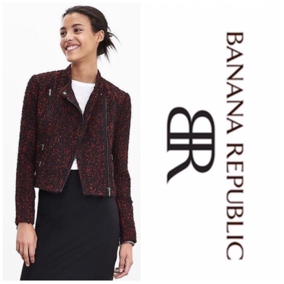 Banana Republic Jackets & Blazers - Banana Republic Red & Black Boucle Moto Blazer NWT